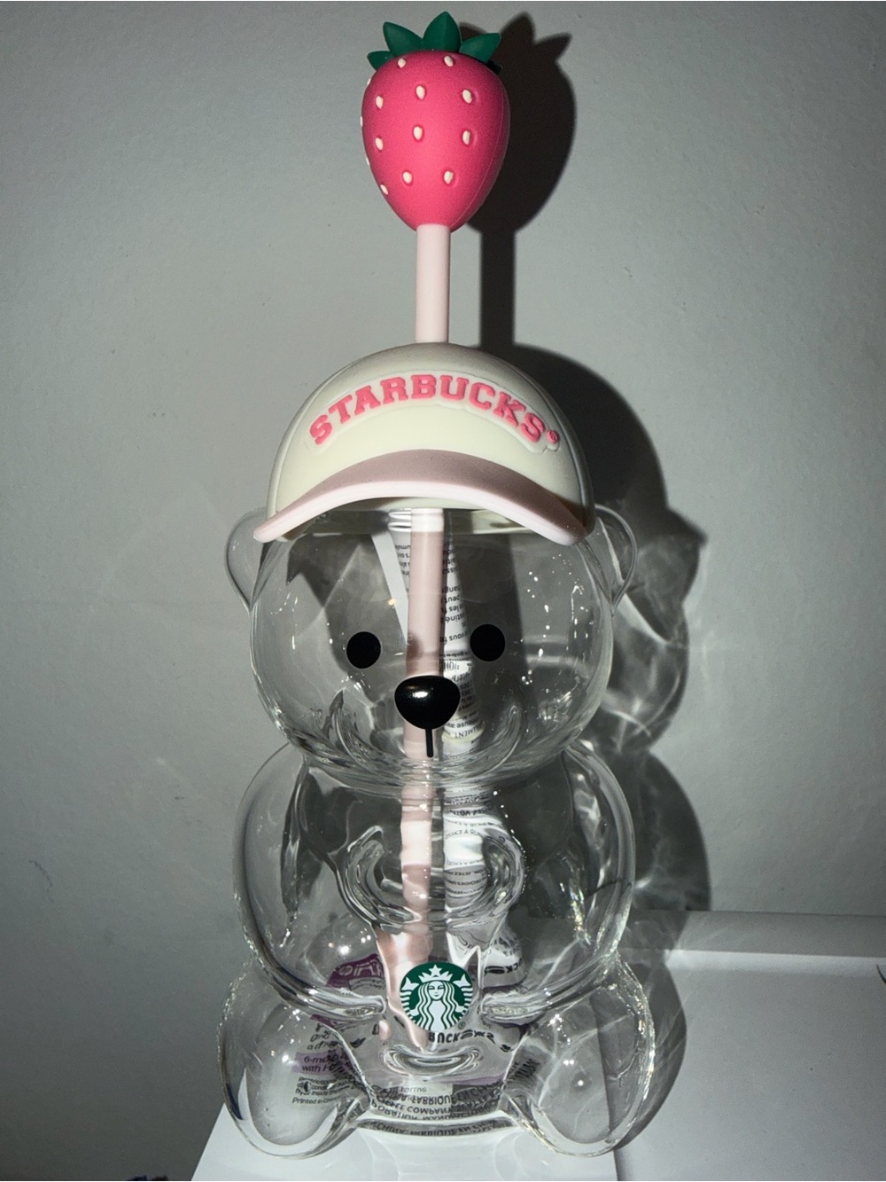 Starbucks Clear Bear Tumbler with Pink Strawberry Topper and Pink Straw